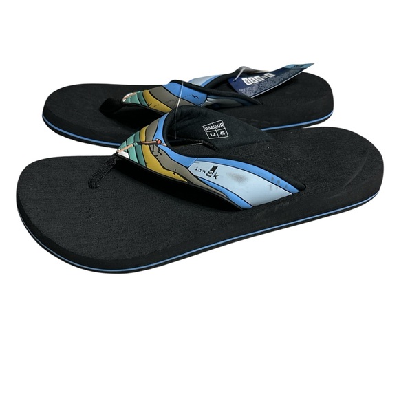 Sanuk Black Flip Flops with Vibrant Straps surfer design - Picture 4 of 5